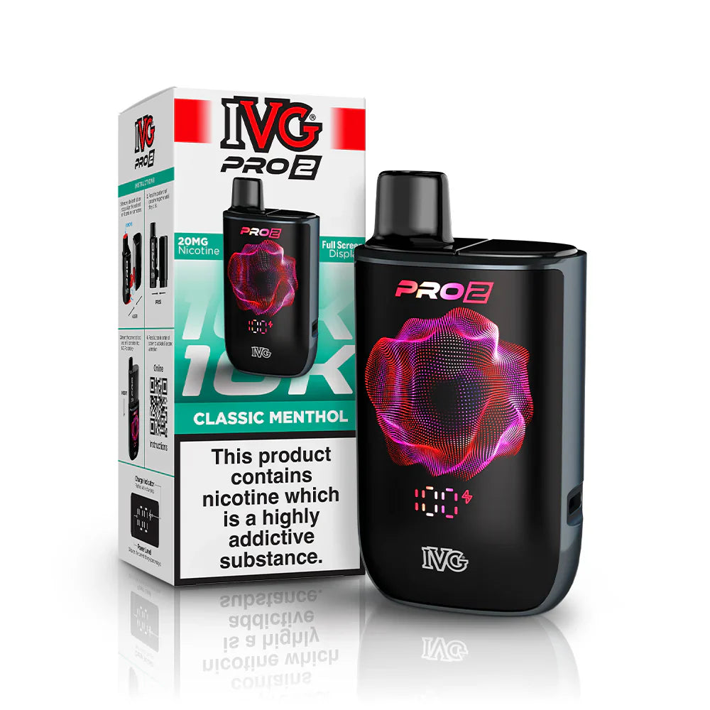 IVG Pro 2 prefilled vape device in "Classic Menthol" flavour with packaging on a white background.