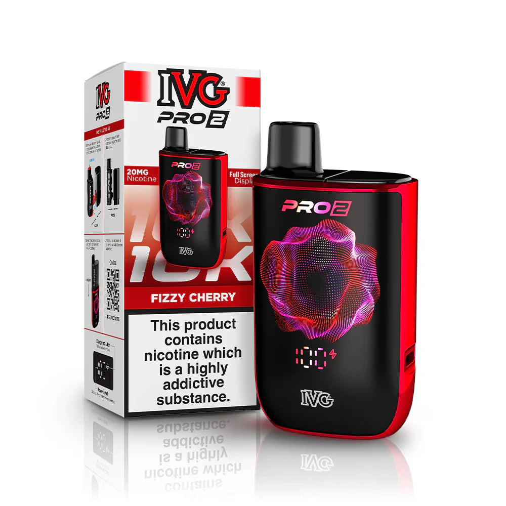 IVG Pro 2 prefilled vape device in "Fizzy Cherry" flavour with packaging on a white background.