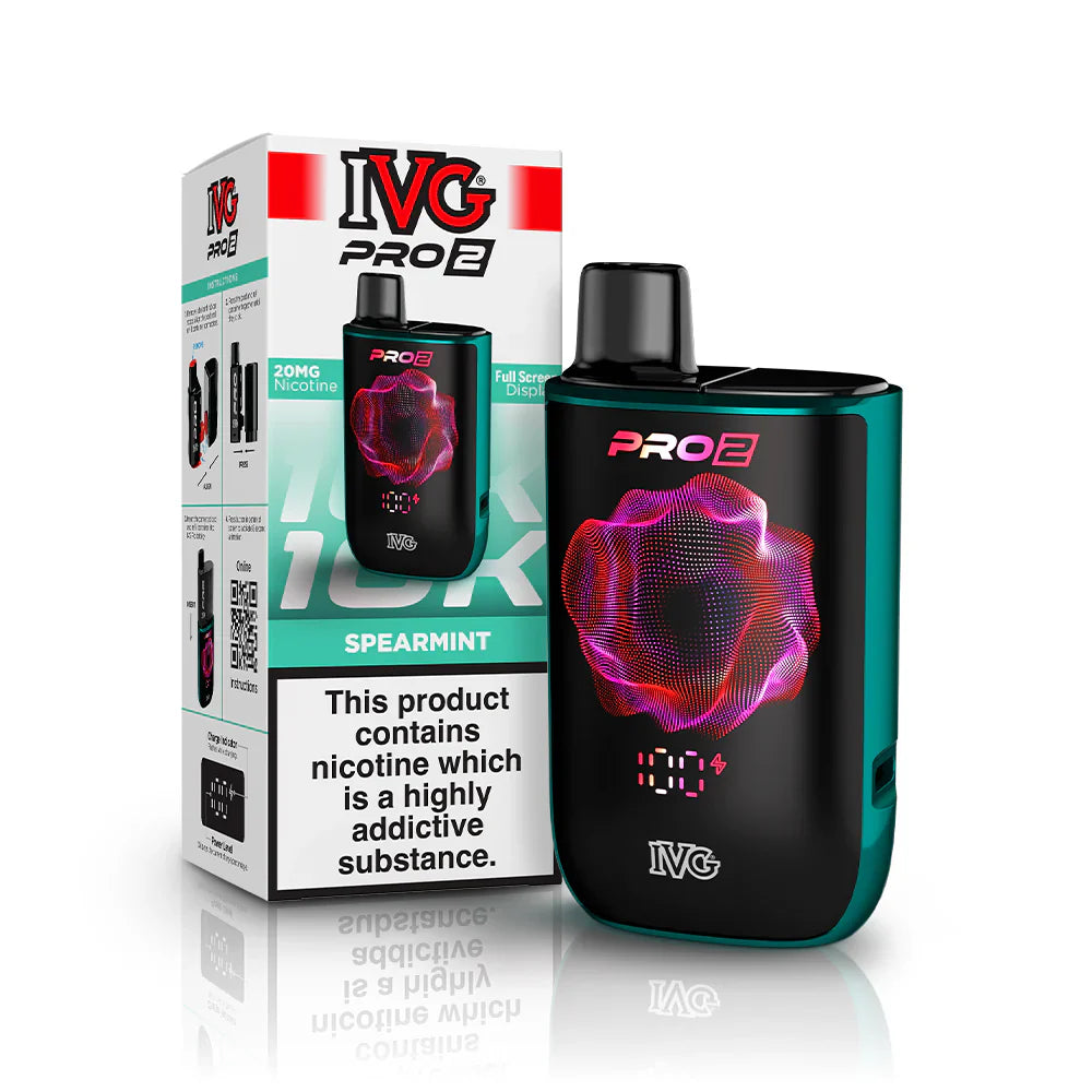 IVG Pro 2 prefilled vape device in "Spearmint" flavour with packaging on a white background.