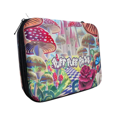 Colourful case with mushroom and castle design featuring 'Puff Puff Pass' text on a white background.