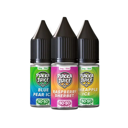 Three bottles of Pukka Juice e-liquid with colorful labels on a white background