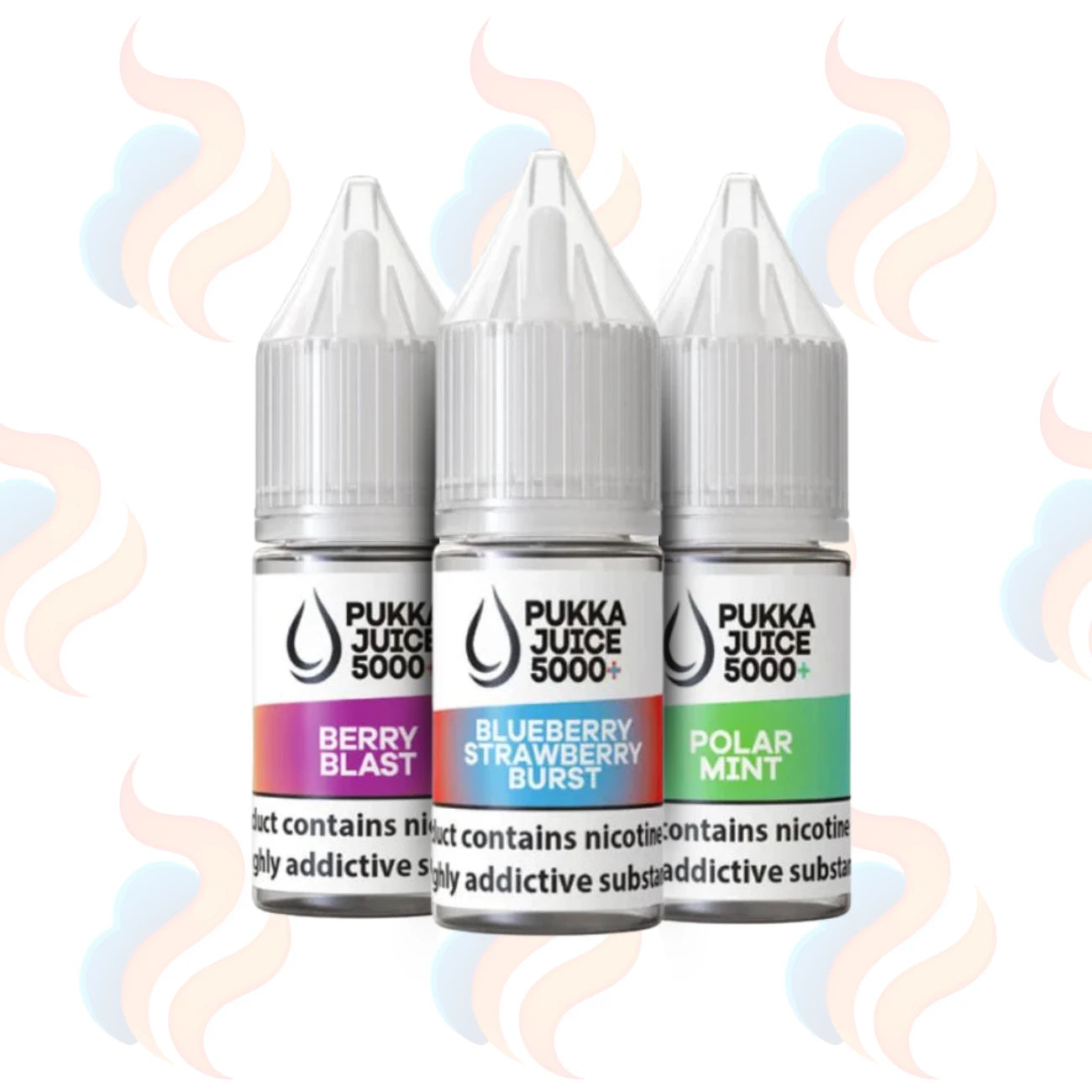 Three bottles of Pukka Juice 5000+ e-liquid with colourful labels on a white background.