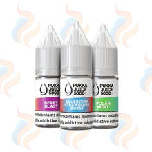 Three bottles of Pukka Juice 5000+ e-liquid with colourful labels on a white background.