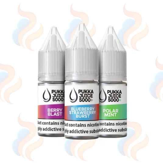 Three bottles of Pukka Juice 5000+ e-liquid with colourful labels on a white background.
