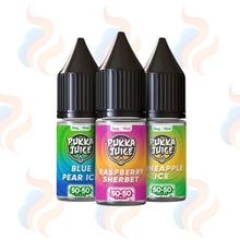Three bottles of Pukka Juice e-liquid with colourful labels on a white background.
