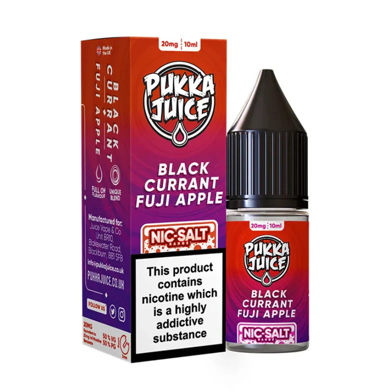 Pukka Juice Black Currant Fuji Apple nicotine salt packaging and bottle on a white background