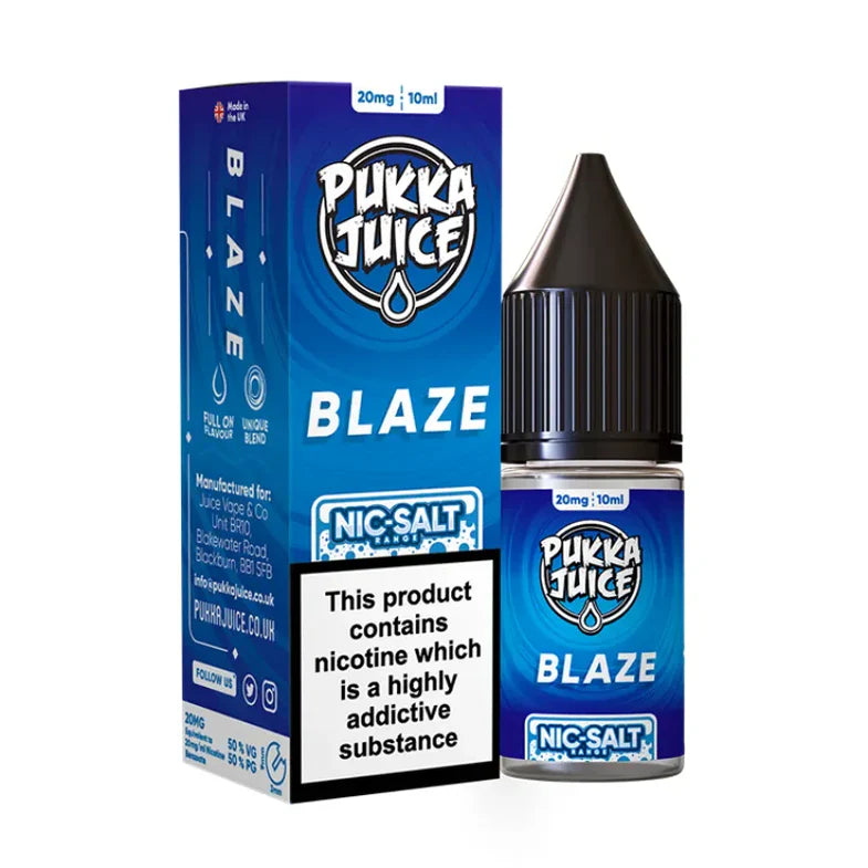 Pukka Juice Blaze nicotine salt packaging and bottle on a white background