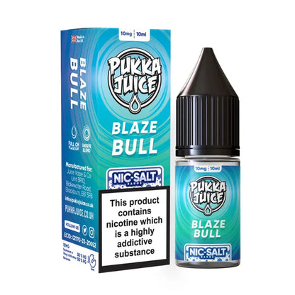 Pukka Juice Blaze Bull nicotine salt packaging and bottle on a white background