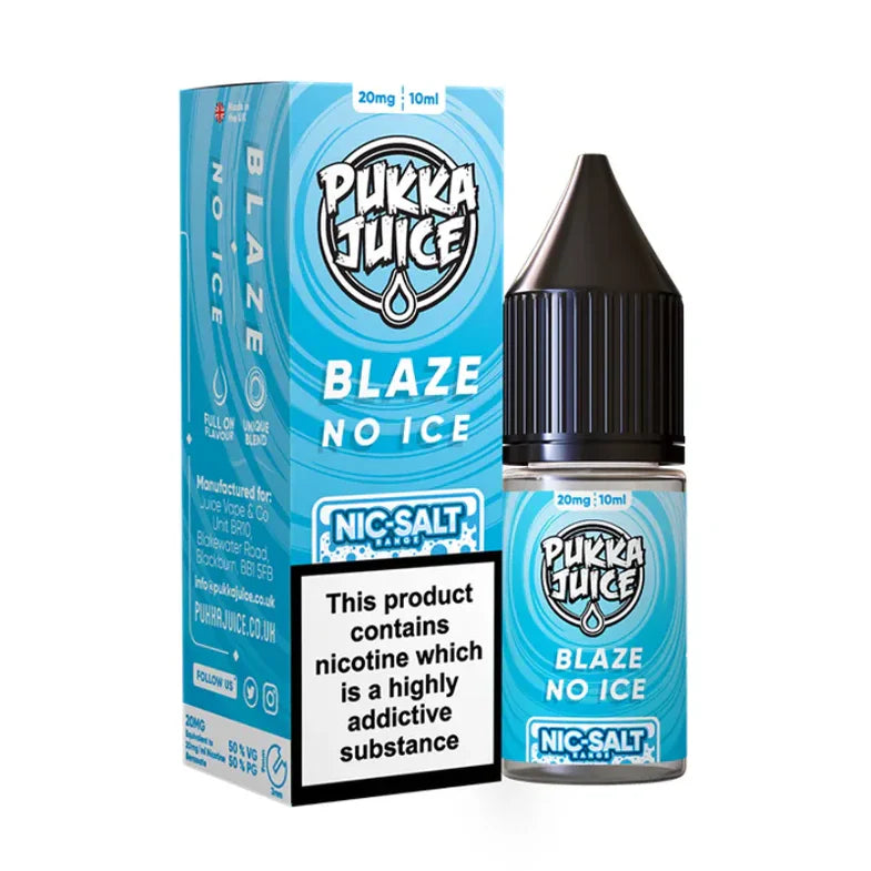 Pukka Juice Blaze No Ice nicotine salt packaging and bottle on a white background