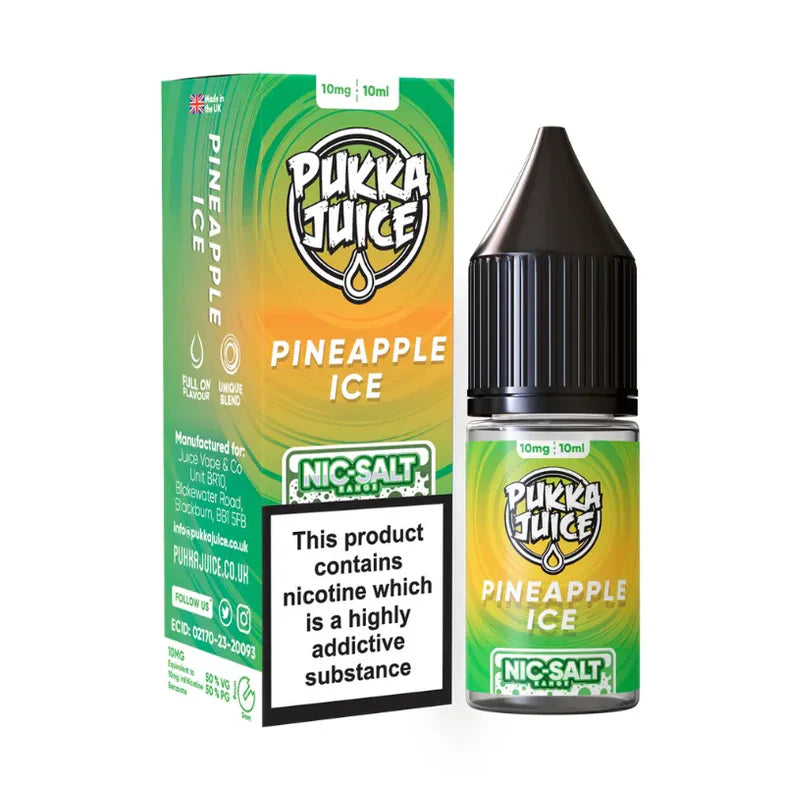 Pukka Juice Pineapple Ice nicotine salt packaging and bottle on a white background