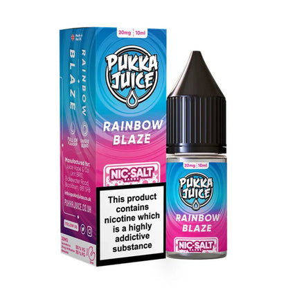 Pukka Juice Rainbow Blaze nicotine salt packaging and bottle on a white background