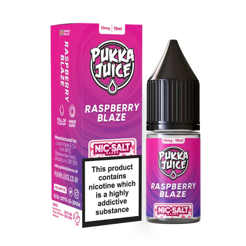 Pukka Juice Raspberry Blaze e-liquid bottle and packaging on a white background