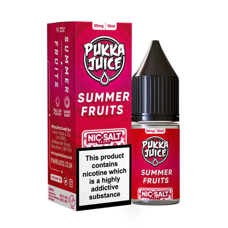 Pukka Juice Summer Fruits nicotine salt packaging and bottle on a white background