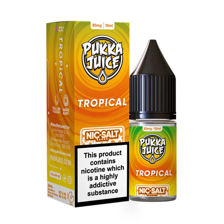 Pukka Juice Tropical nicotine salt packaging and bottle on a white background