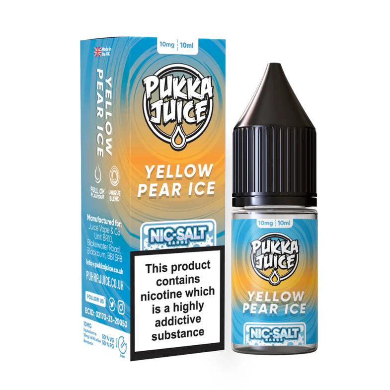Pukka Juice Yellow Pear Ice nicotine salt packaging and bottle on a white background