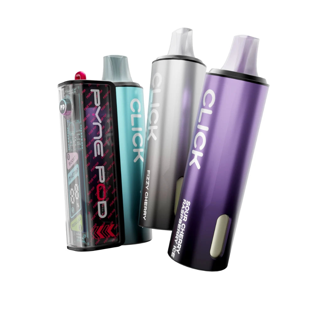 Pyne Pod 50K kit in "Cherry Edition" beside 2 refill pods on a white background