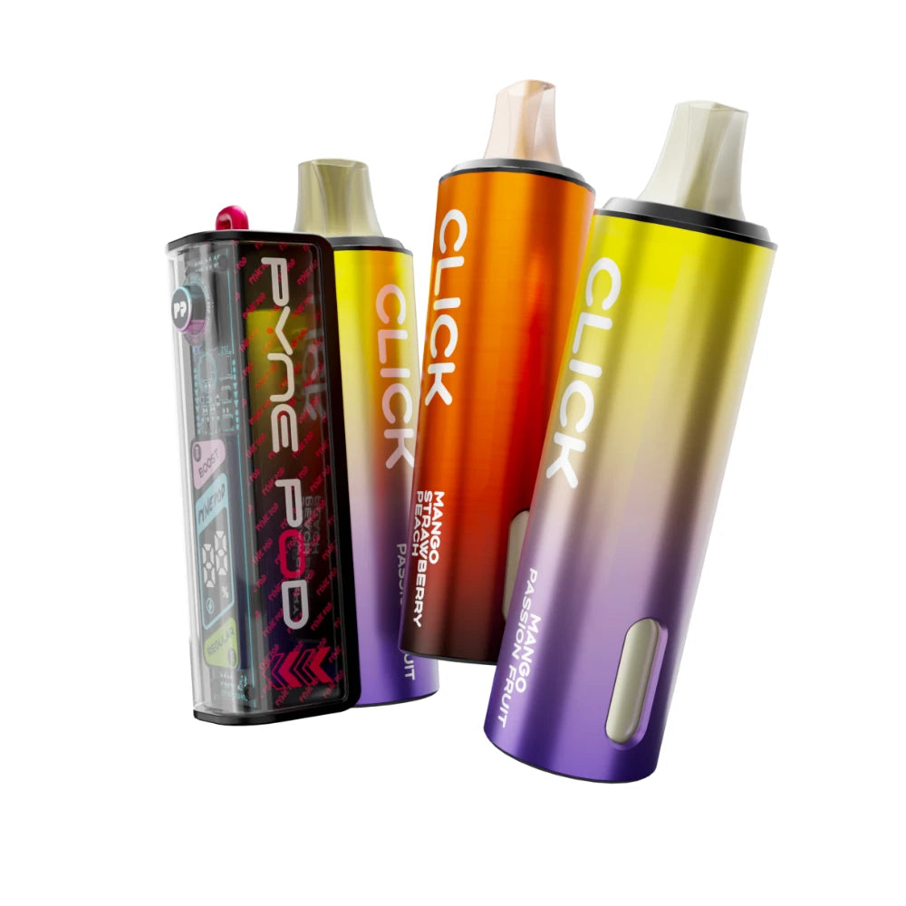 Pyne Pod 50K kit in "Mango Edition" beside 2 refill pods on a white background