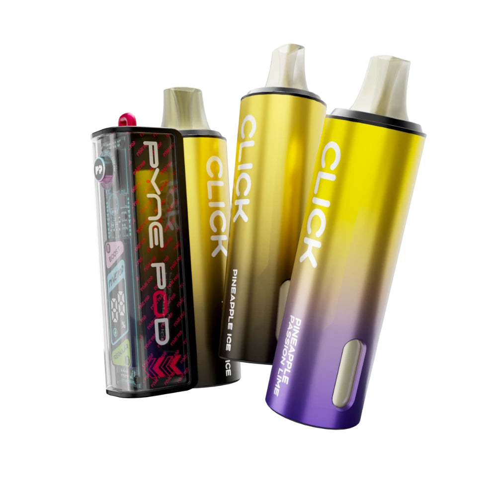Pyne Pod 50K kit in "Pineapple Edition" beside 2 refill pods on a white background
