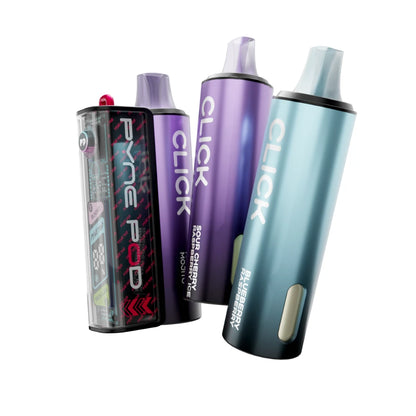 Pyne Pod 50K kit in "Raspberry Edition" beside 2 refill pods on a white background