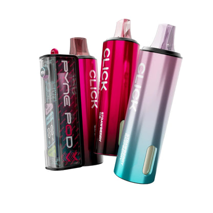 Pyne Pod 50K kit in "Strawberry Edition" beside 2 refill pods on a white background