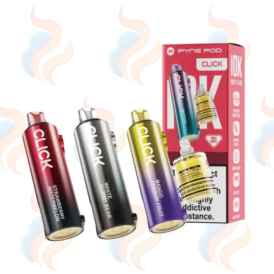 Three Pyne Pod Click 50k vape refill pods with packaging on a white background.
