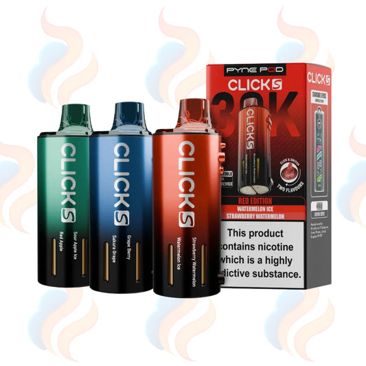 Three Pyne Pod Click 30K vape refill pods with packaging on a white background.