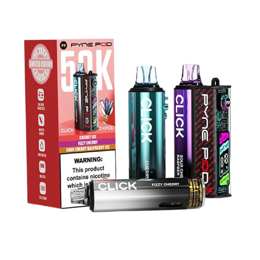 Collection of Pyne Pod Click vape devices with packaging on a white background