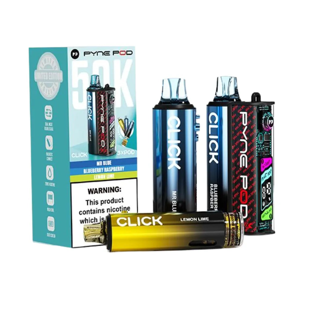 Collection of Pyne Pod Click vape devices with packaging on a white background