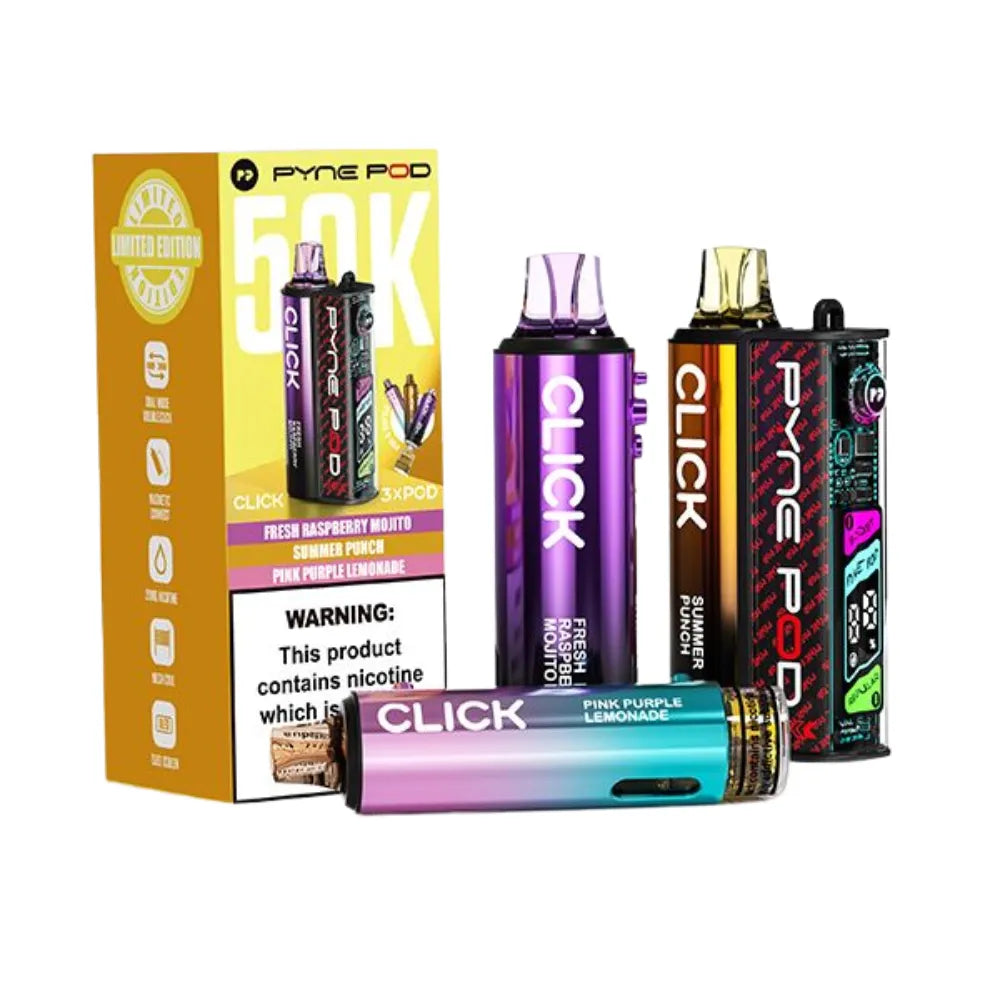 Vape devices and packaging with 'Click Pyne Pod' branding on a white background.