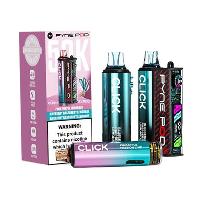 Pyne Pod Click vape devices with packaging on a white background