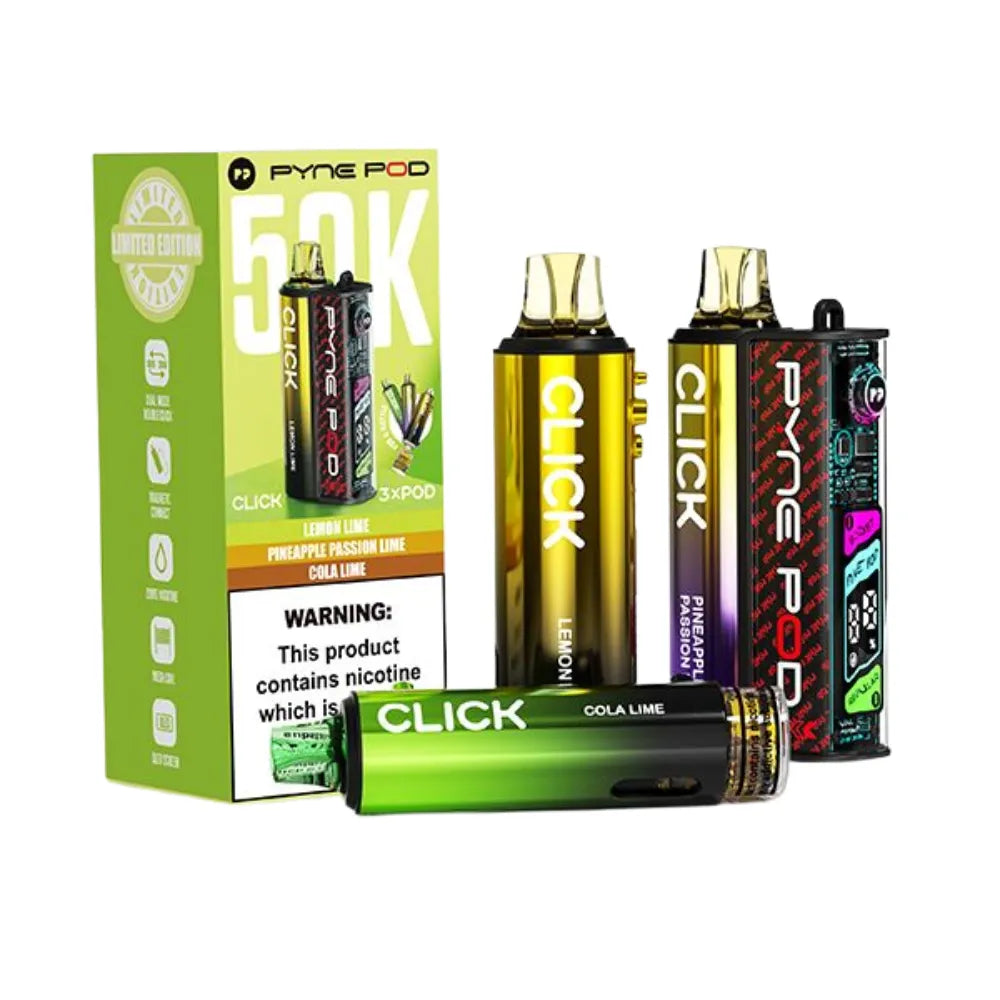 Pyne Pod Click vape devices with packaging on a white background