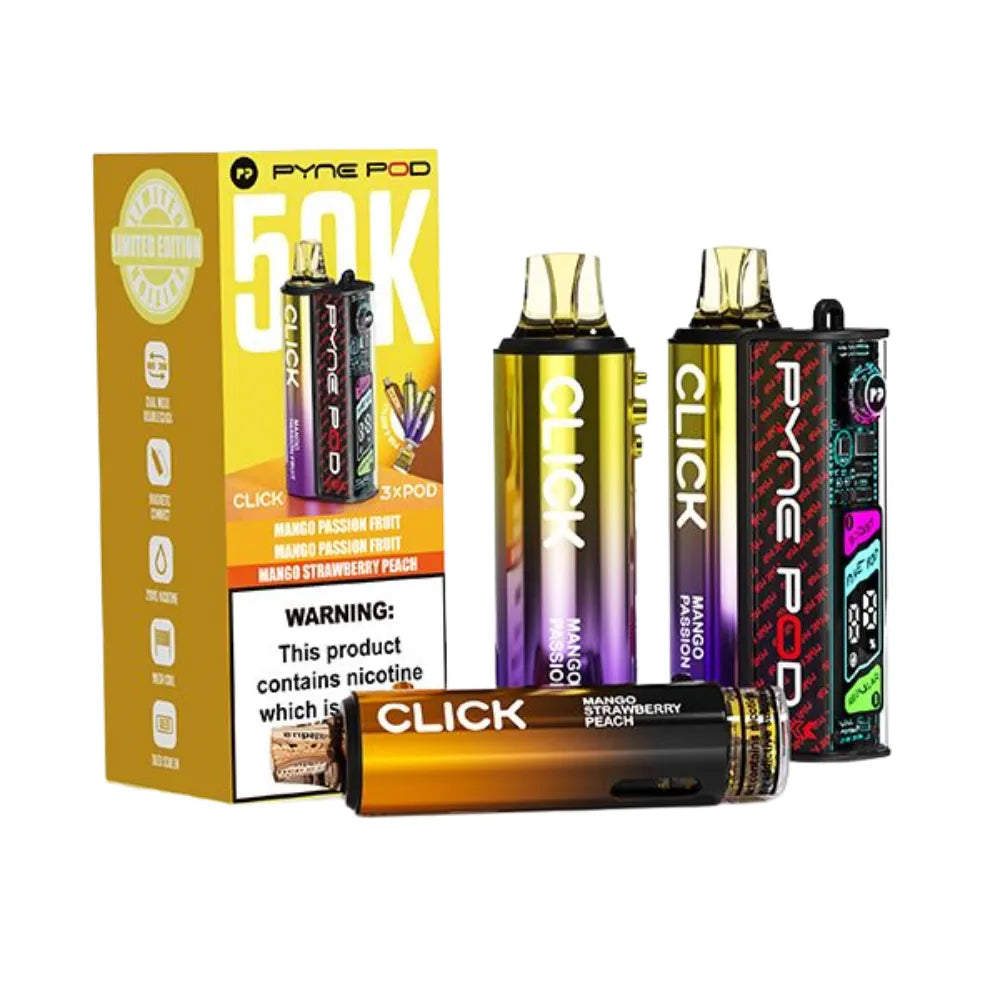 Collection of Pyne Pod Click vape devices with packaging on a white background