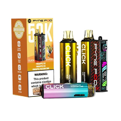 Vape devices and packaging with 'Click Pyne Pod' branding on a white background.
