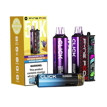 Pyne Pod Click vape devices with packaging on a white background