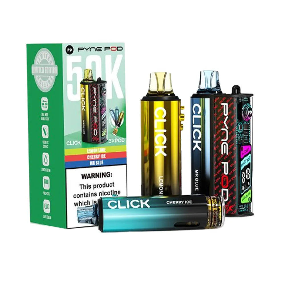 Collection of Pyne Pod Click vape devices with packaging on a white background