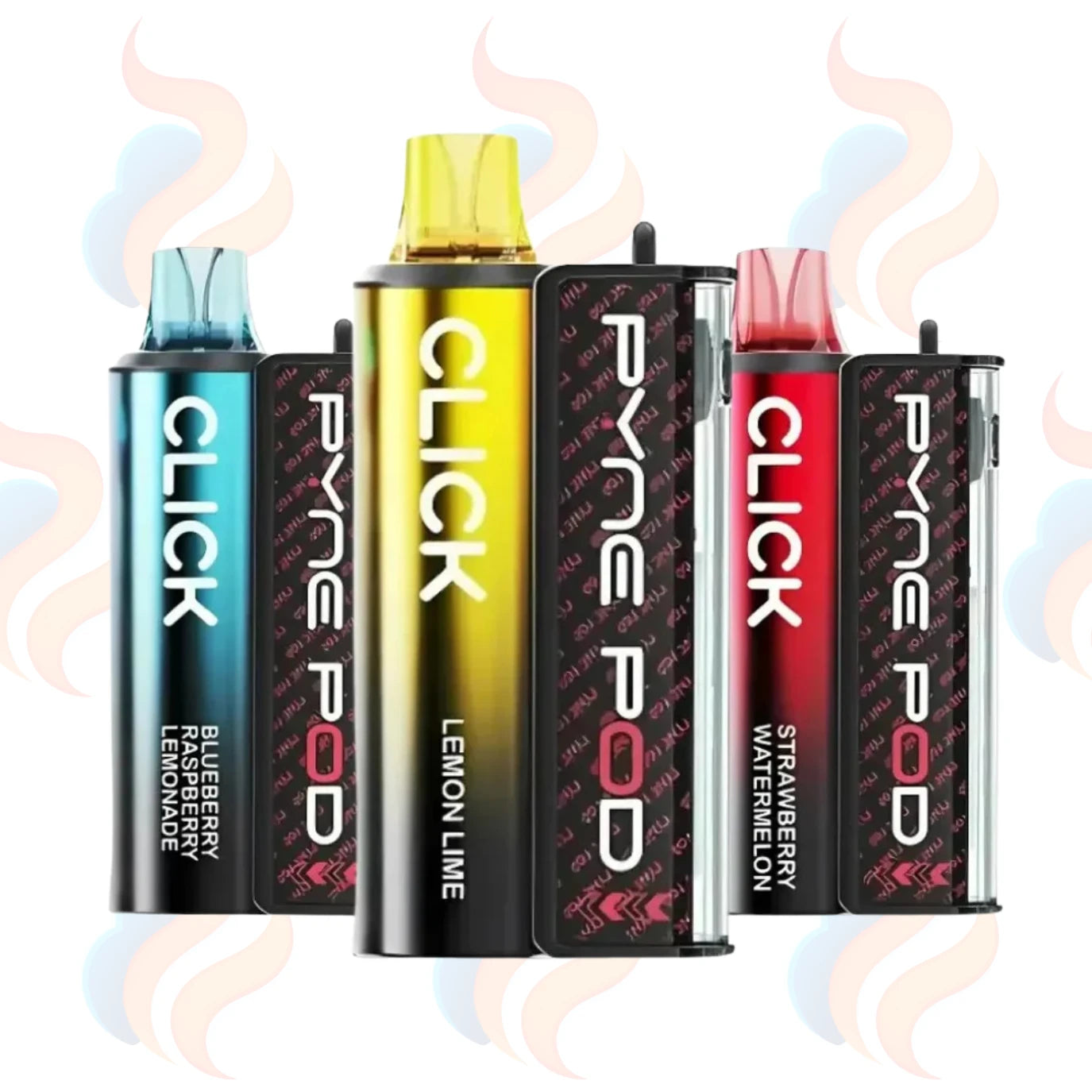 Pyne Pod Click 50K vape devices in different colours with branding on a white background.