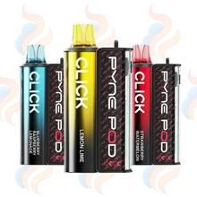 Pyne Pod Click 50K vape devices in different colours with branding on a white background.