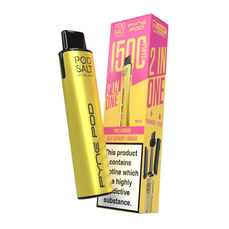 Yellow vape device with pink packaging on a white background