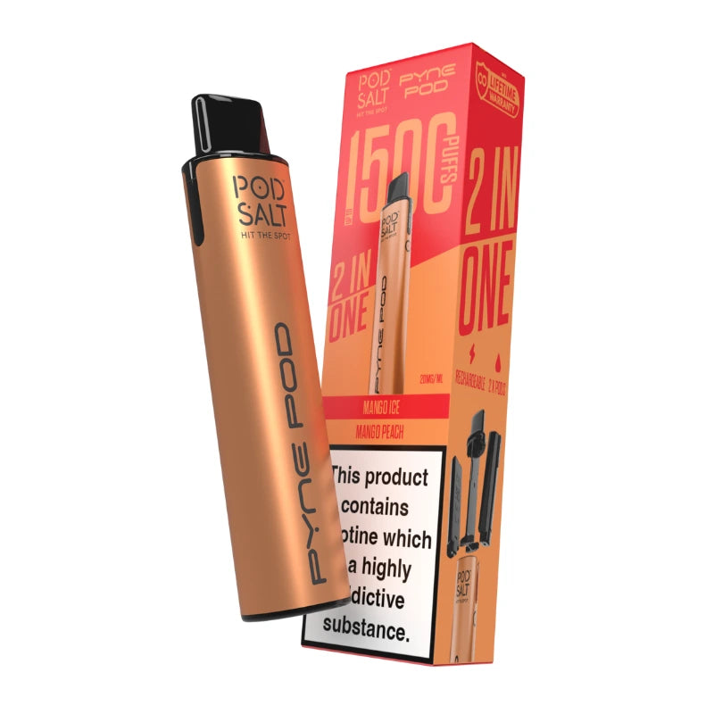 Bronze vape pen with 'POD SALT' branding and its packaging on a white background.