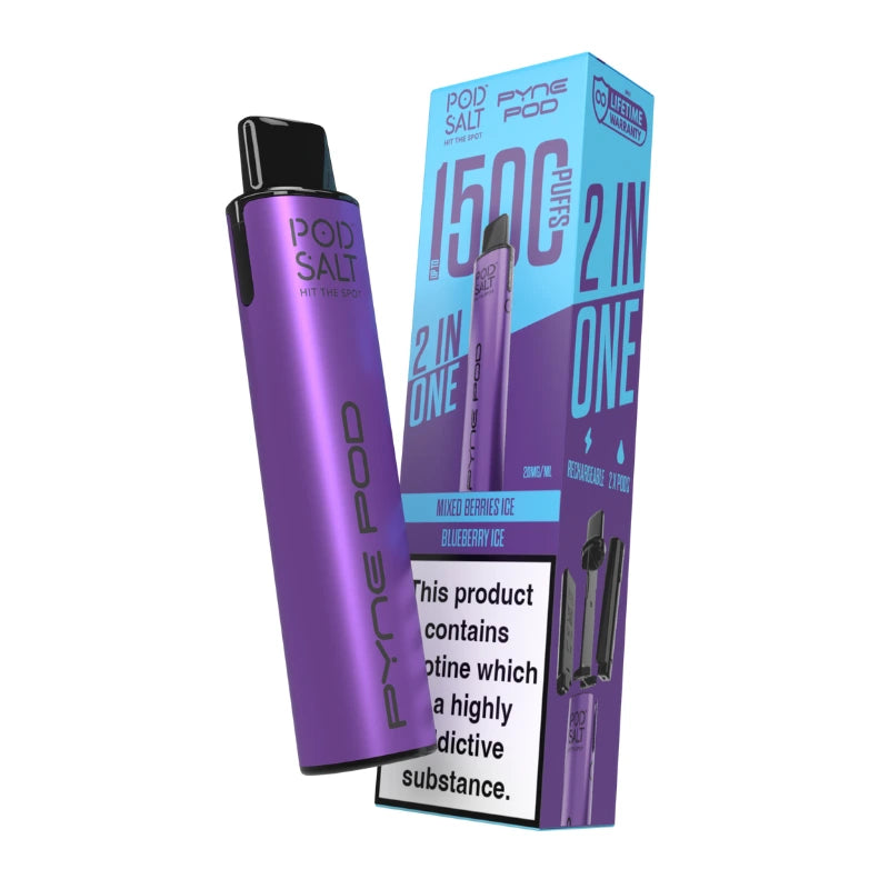 Purple vape device with packaging on a white background