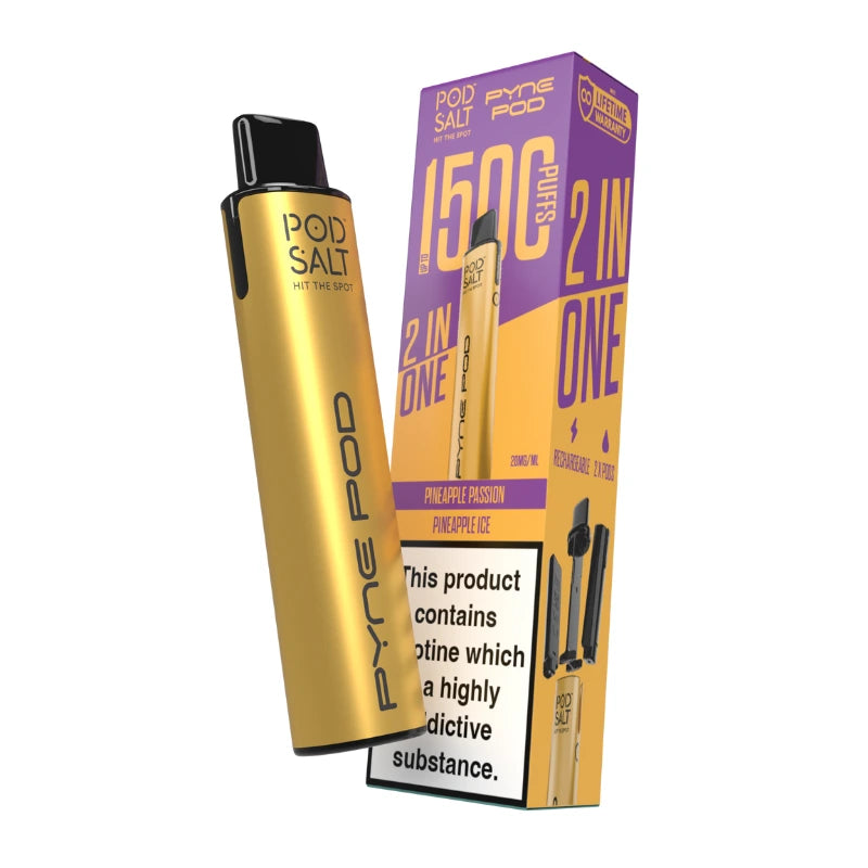 Gold vape pen with purple packaging on a white background
