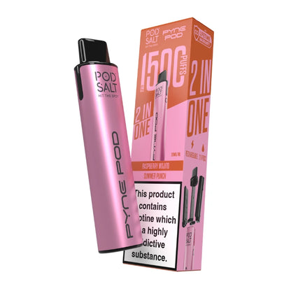 Pink vape device and packaging with 'POD SALT' branding on a white background