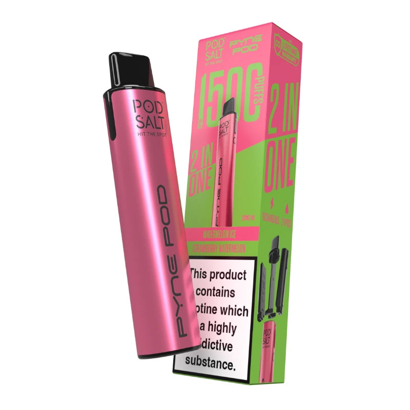 Pink vape pen with 'POD SALT' branding next to its packaging on a white background