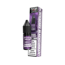 A bottle of Pyne Pod Nic salts e-liquid in Blackberry Blackcurrant flavour, standing next to its retail packaging box on a plain white background.