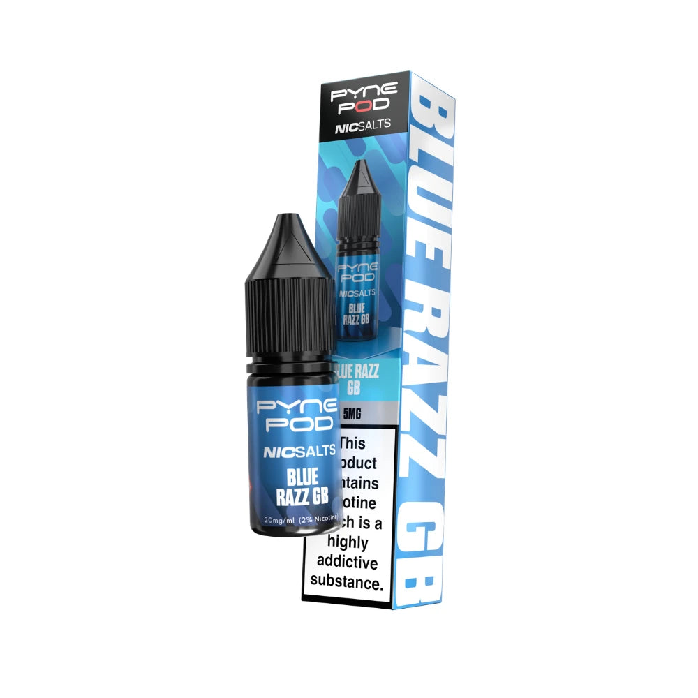 A bottle of Pyne Pod Nic Salts Blue Razz GB e-liquid next to its retail packaging box, both featuring blue and black designs with the product name 'BLUE RAZZ GB' printed vertically on the box.