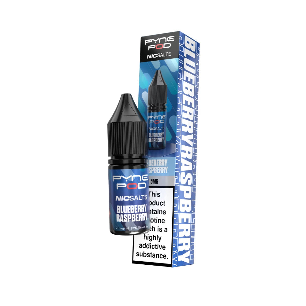 A bottle of Pyne Pod Blueberry Raspberry e-liquid next to its retail packaging box, both featuring blue and black designs with product details and a nicotine warning label.