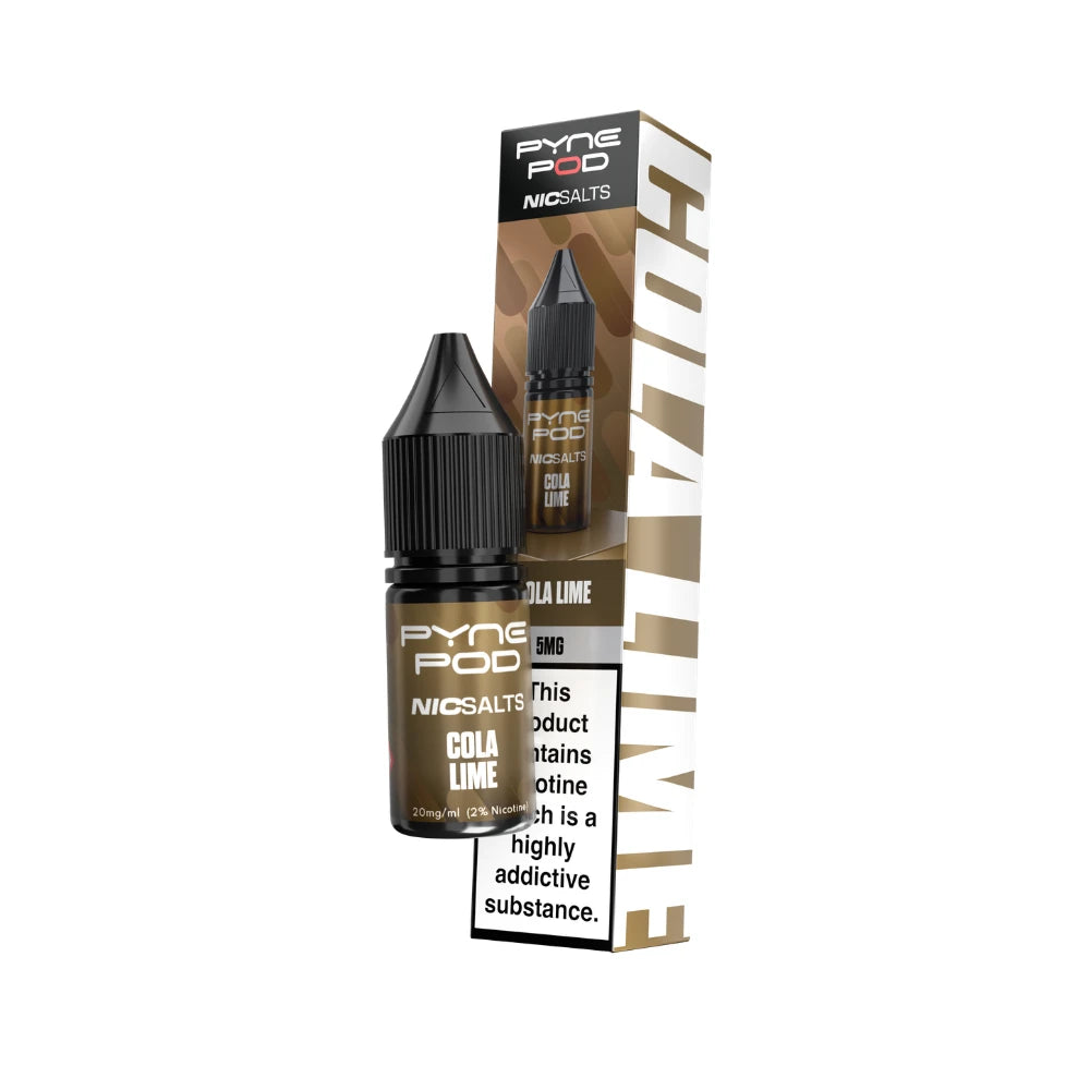 A bottle of Pyne Pod Cola Lime NicSalts e-liquid next to its retail packaging box, shown on a plain white background.