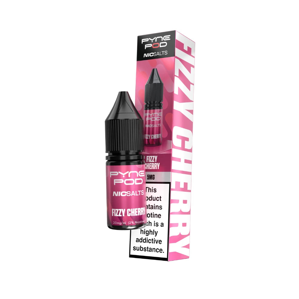 A bottle of Pyne Pop NicSalts Fizzy Cherry e-liquid next to its pink and white packaging box, featuring a prominent warning label on the front.