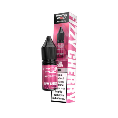 A bottle of Pyne Pop NicSalts Fizzy Cherry e-liquid next to its pink and white packaging box, featuring a prominent warning label on the front.