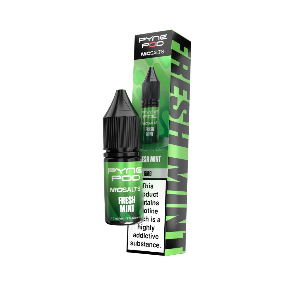 A bottle of Pyne Pod NicSalts Fresh Mint e-liquid next to its green and black packaging box, displayed on a clean white background.